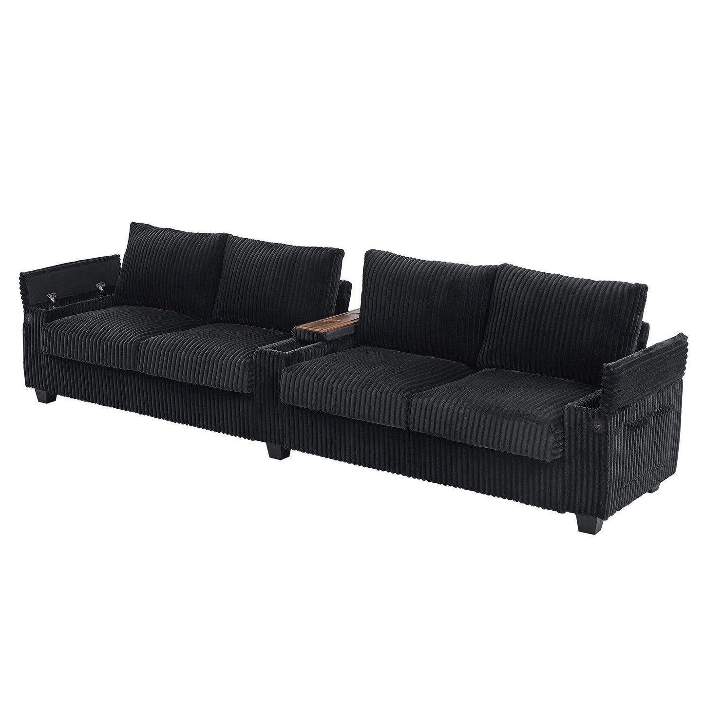 Roomfitters 4-Seater Corduroy Modern Sofa Couch with USB Ports Hidden Storage Arms & Flip-Top Cup Holders for Living Room