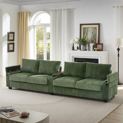 Roomfitters 4-Seater Corduroy Modern Sofa Couch with USB Ports Hidden Storage Arms & Flip-Top Cup Holders for Living Room