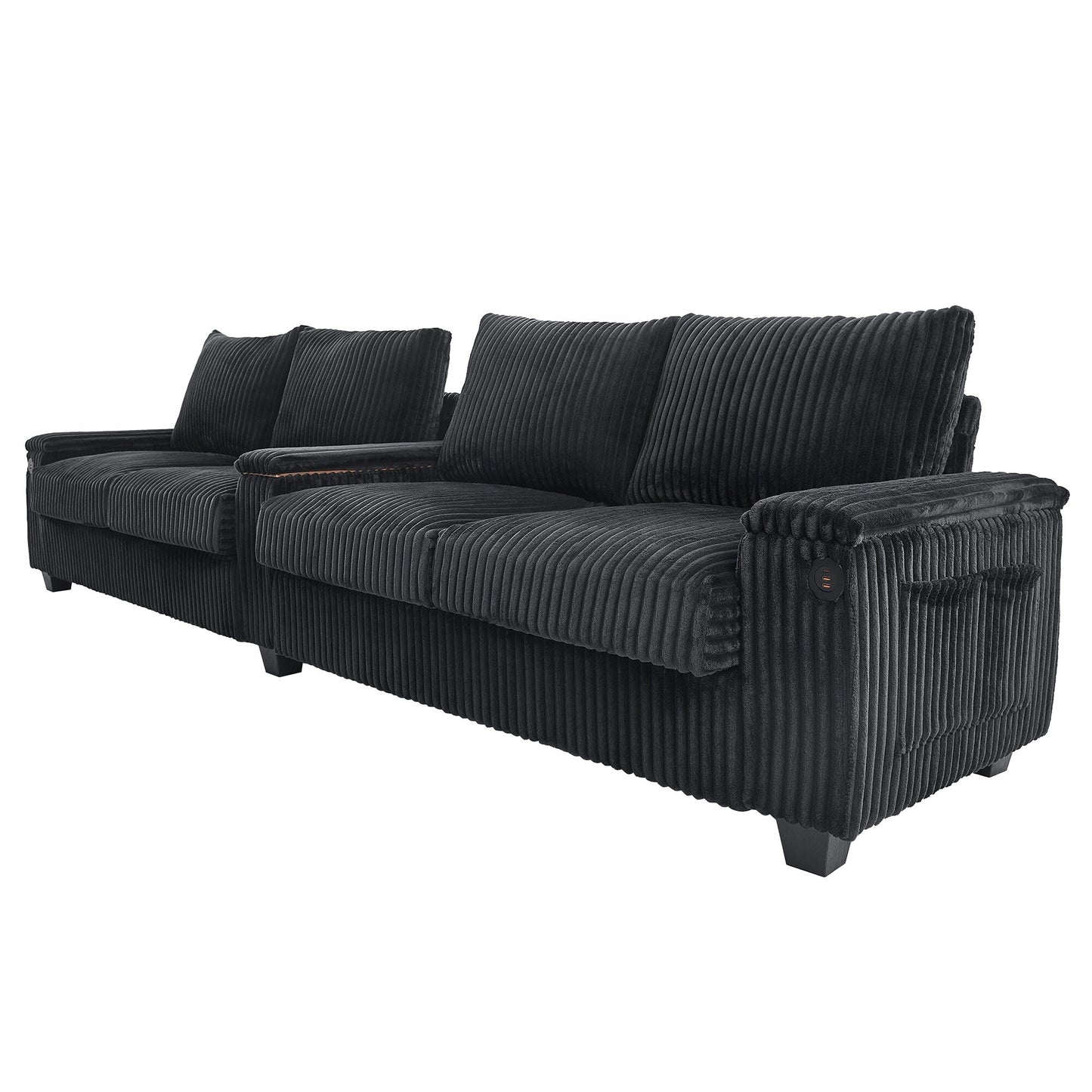 Roomfitters 4-Seater Corduroy Modern Sofa Couch with USB Ports Hidden Storage Arms & Flip-Top Cup Holders for Living Room