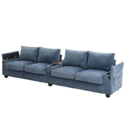 Roomfitters 4-Seater Corduroy Modern Sofa Couch with USB Ports Hidden Storage Arms & Flip-Top Cup Holders for Living Room