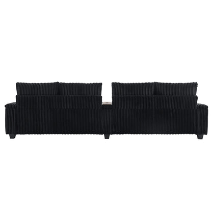 Roomfitters 4-Seater Corduroy Modern Sofa Couch with USB Ports Hidden Storage Arms & Flip-Top Cup Holders for Living Room