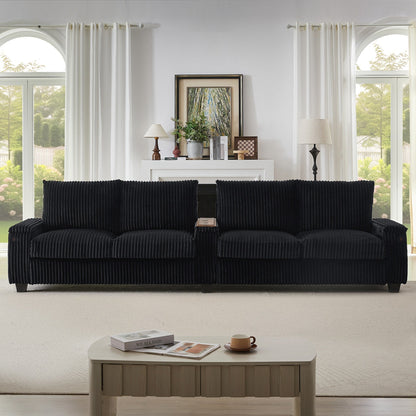 Roomfitters 4-Seater Corduroy Modern Sofa Couch with USB Ports Hidden Storage Arms & Flip-Top Cup Holders for Living Room