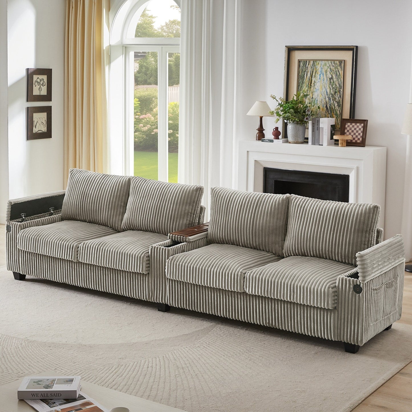Roomfitters 4-Seater Corduroy Modern Sofa Couch with USB Ports Hidden Storage Arms & Flip-Top Cup Holders for Living Room