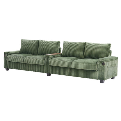 Roomfitters 4-Seater Corduroy Modern Sofa Couch with USB Ports Hidden Storage Arms & Flip-Top Cup Holders for Living Room