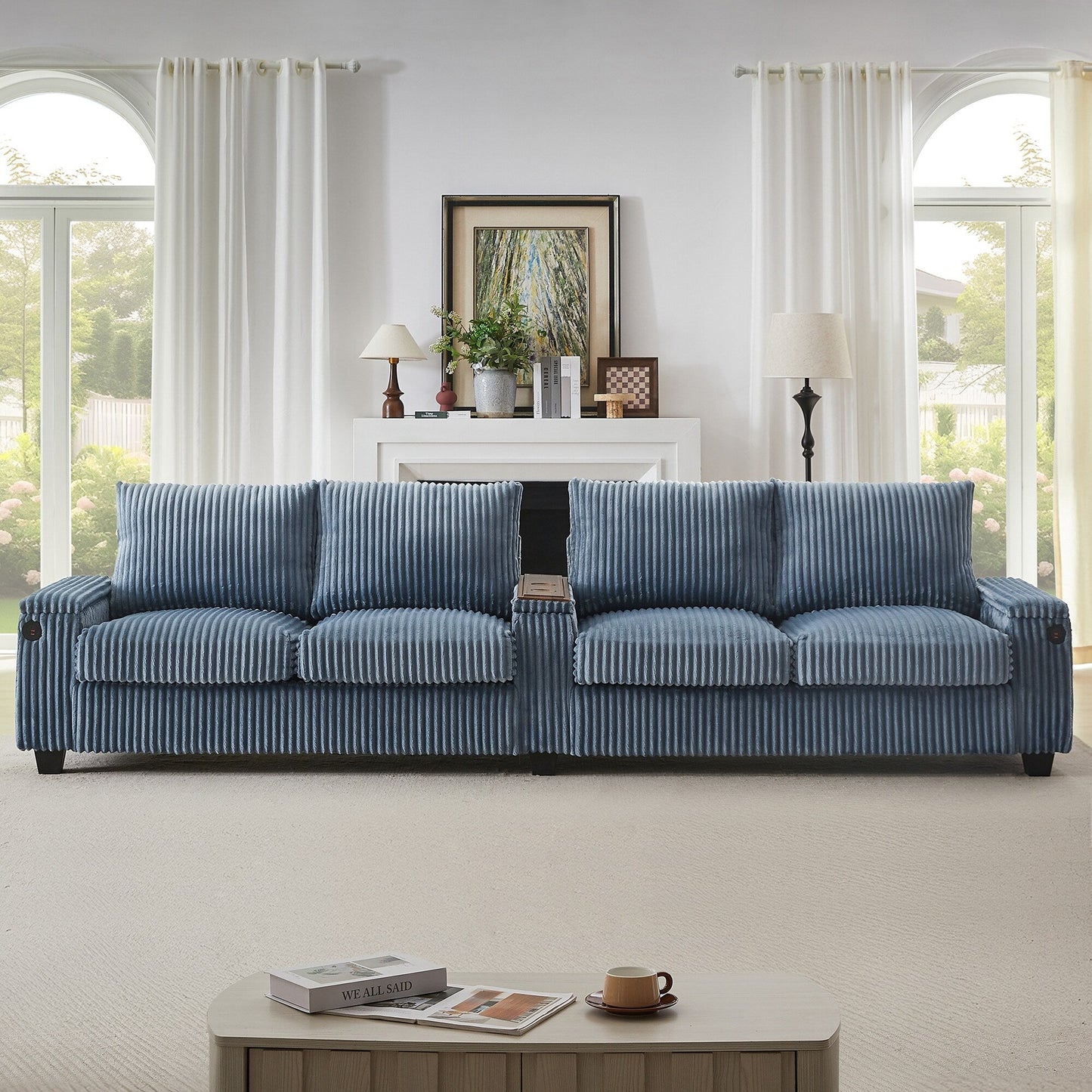 Roomfitters 4-Seater Corduroy Modern Sofa Couch with USB Ports Hidden Storage Arms & Flip-Top Cup Holders for Living Room