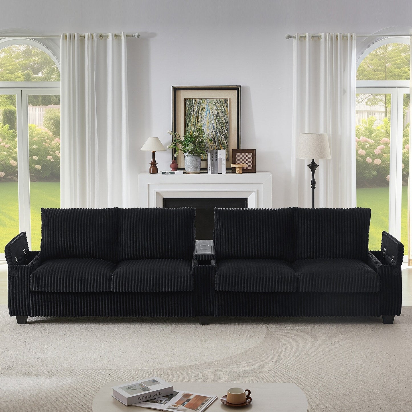 Roomfitters 4-Seater Corduroy Modern Sofa Couch with USB Ports Hidden Storage Arms & Flip-Top Cup Holders for Living Room