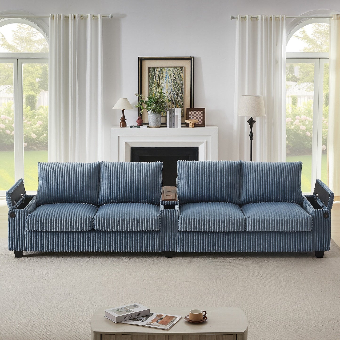 Roomfitters 4-Seater Corduroy Modern Sofa Couch with USB Ports Hidden Storage Arms & Flip-Top Cup Holders for Living Room