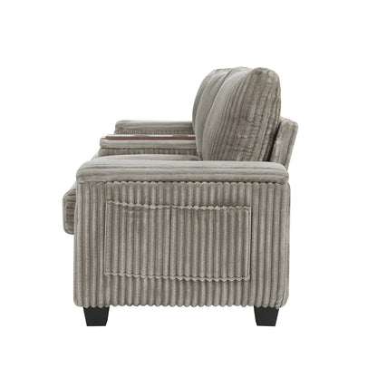 Roomfitters 4-Seater Corduroy Modern Sofa Couch with USB Ports Hidden Storage Arms & Flip-Top Cup Holders for Living Room