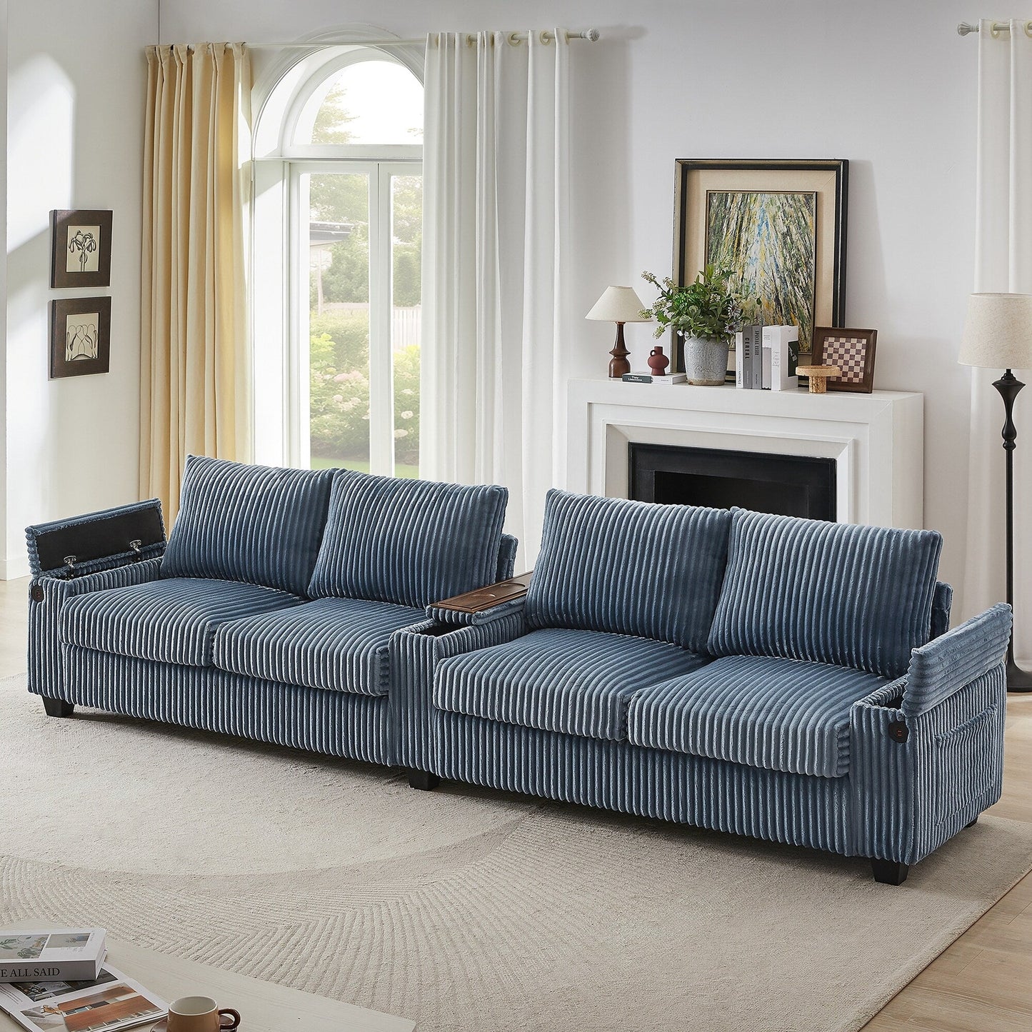 Roomfitters 4-Seater Corduroy Modern Sofa Couch with USB Ports Hidden Storage Arms & Flip-Top Cup Holders for Living Room