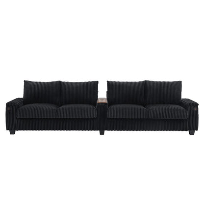Roomfitters 4-Seater Corduroy Modern Sofa Couch with USB Ports Hidden Storage Arms & Flip-Top Cup Holders for Living Room