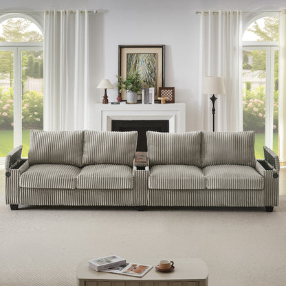 Roomfitters 4-Seater Corduroy Modern Sofa Couch with USB Ports Hidden Storage Arms & Flip-Top Cup Holders for Living Room