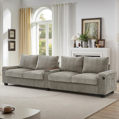 Roomfitters 4-Seater Corduroy Modern Sofa Couch with USB Ports Hidden Storage Arms & Flip-Top Cup Holders for Living Room