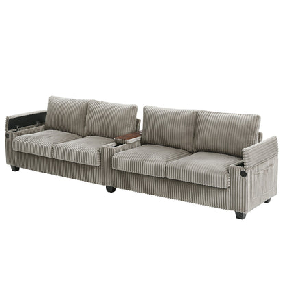 Roomfitters 4-Seater Corduroy Modern Sofa Couch with USB Ports Hidden Storage Arms & Flip-Top Cup Holders for Living Room