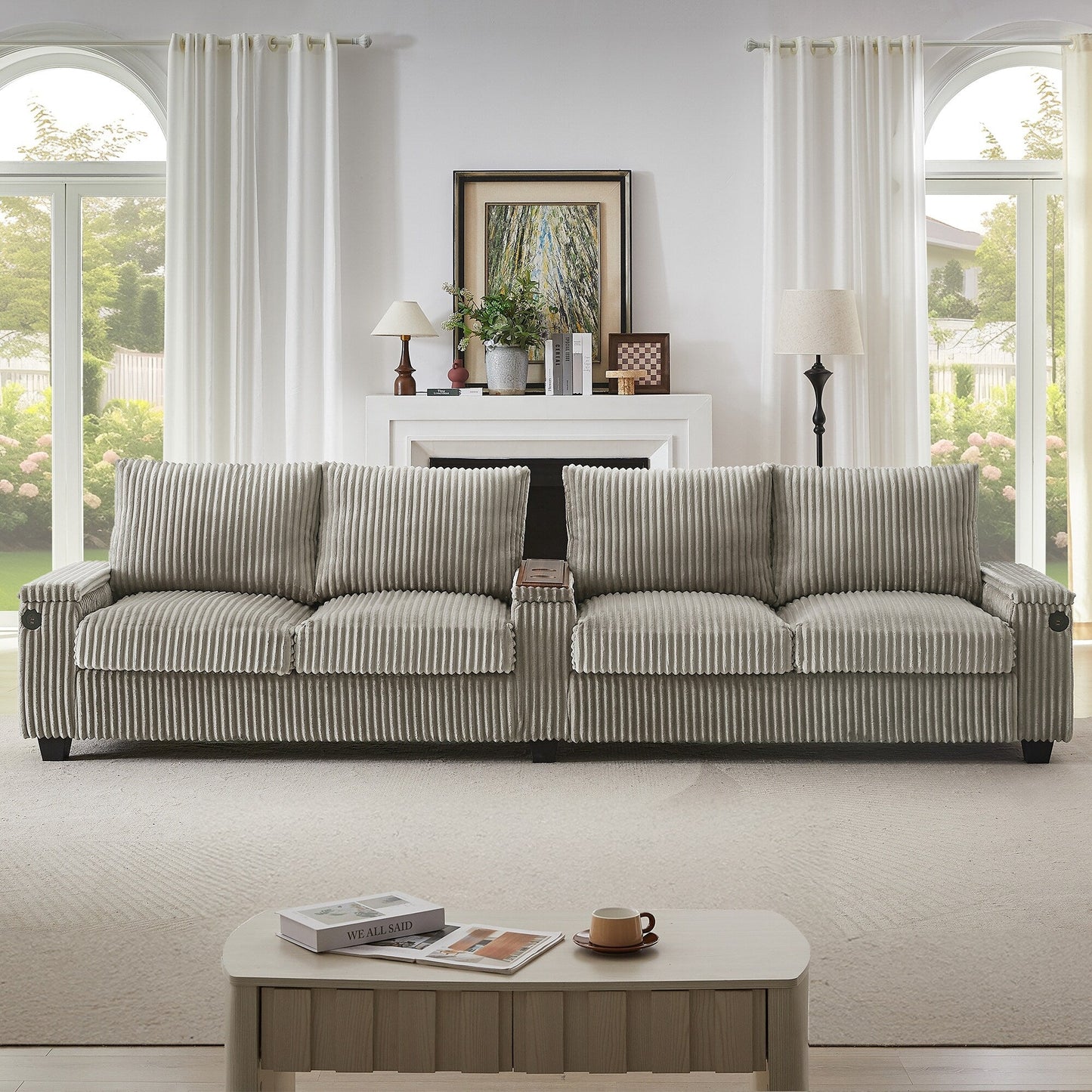 Roomfitters 4-Seater Corduroy Modern Sofa Couch with USB Ports Hidden Storage Arms & Flip-Top Cup Holders for Living Room