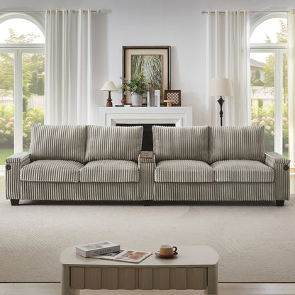 Roomfitters 4-Seater Corduroy Modern Sofa Couch with USB Ports Hidden Storage Arms & Flip-Top Cup Holders for Living Room