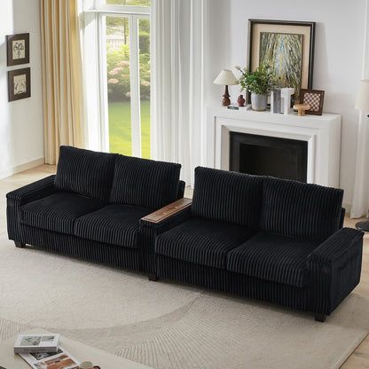 Roomfitters 4-Seater Corduroy Modern Sofa Couch with USB Ports Hidden Storage Arms & Flip-Top Cup Holders for Living Room