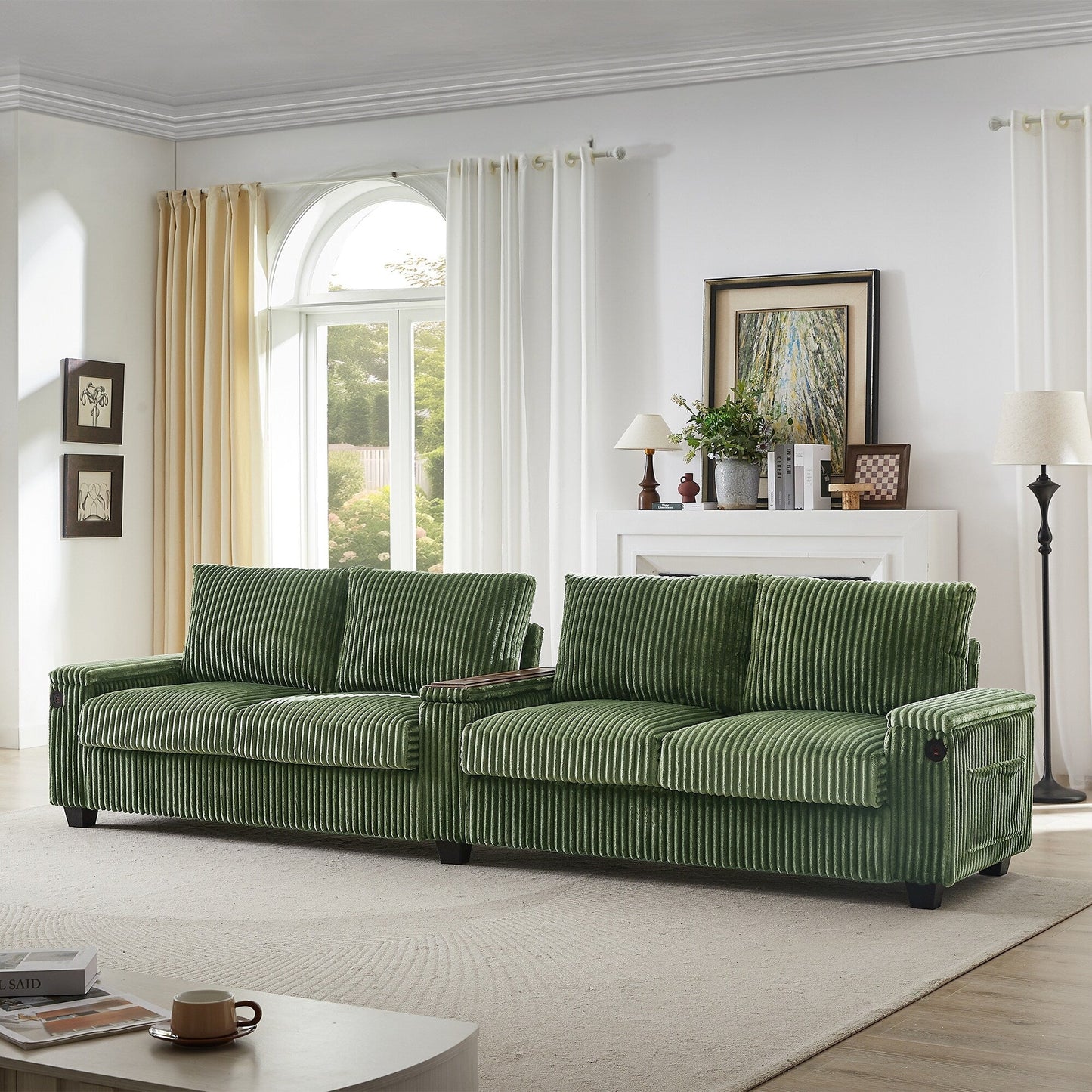 Roomfitters 4-Seater Corduroy Modern Sofa Couch with USB Ports Hidden Storage Arms & Flip-Top Cup Holders for Living Room