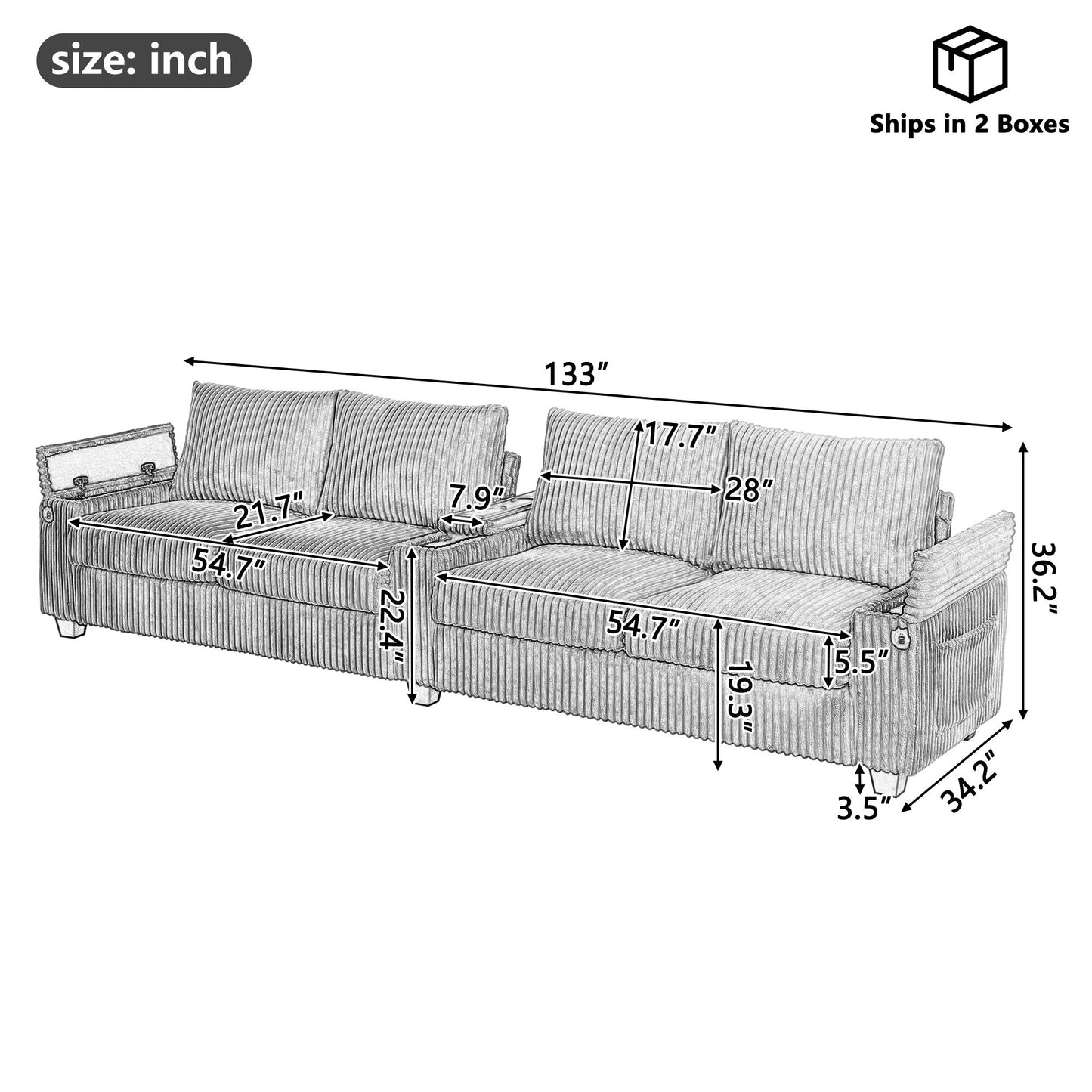 Roomfitters 4-Seater Corduroy Modern Sofa Couch with USB Ports Hidden Storage Arms & Flip-Top Cup Holders for Living Room