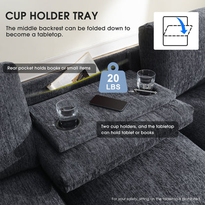 Roomfitters 96'' x 35'' Chenille Sectional Sofa with Bluetooth Speaker, Comfy Cloud Couch Set with Drop-Down Table, USB Charger