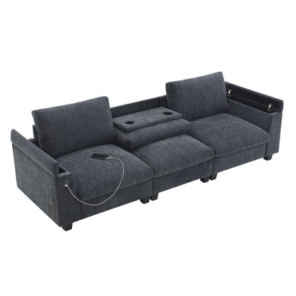 Roomfitters 96'' x 35'' Chenille Sectional Sofa with Bluetooth Speaker, Comfy Cloud Couch Set with Drop-Down Table, USB Charger