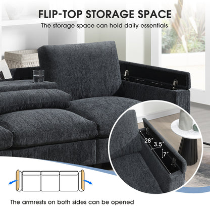 Roomfitters 96'' x 35'' Chenille Sectional Sofa with Bluetooth Speaker, Comfy Cloud Couch Set with Drop-Down Table, USB Charger