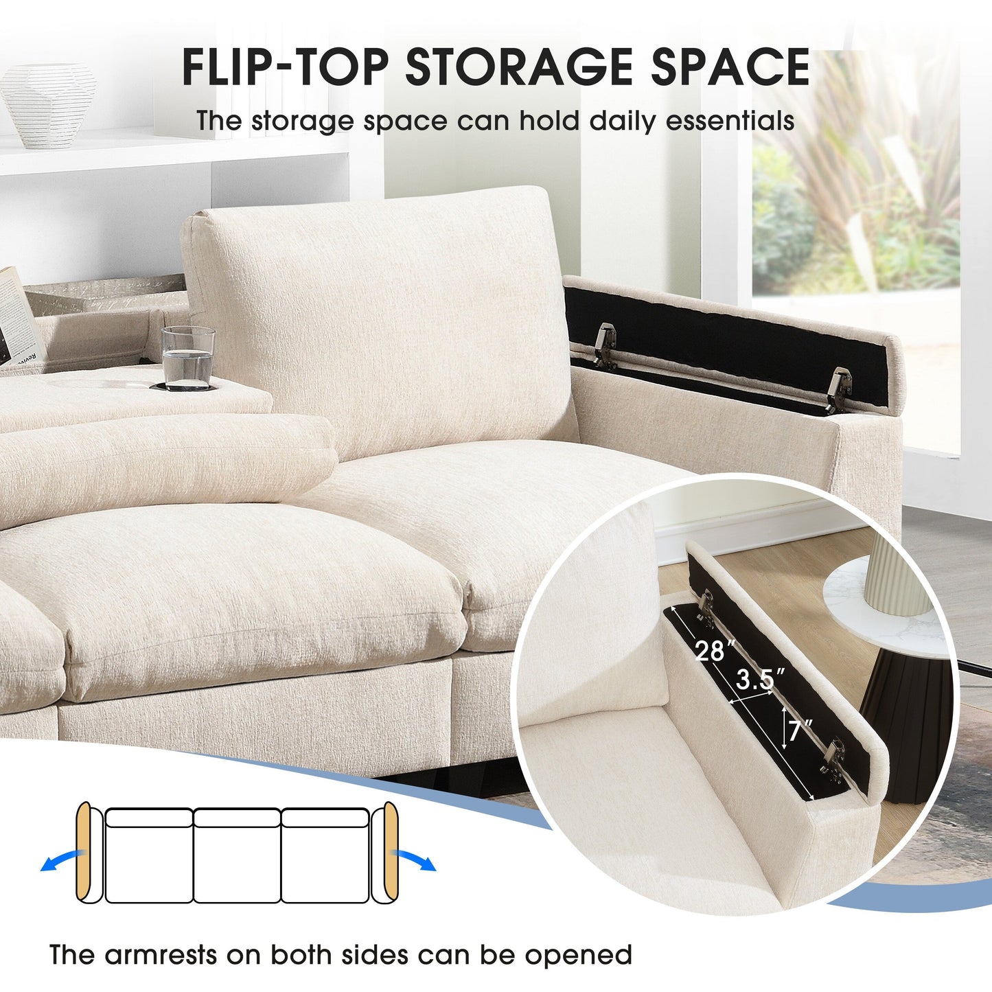 Roomfitters 96'' x 35'' Chenille Sectional Sofa with Bluetooth Speaker, Comfy Cloud Couch Set with Drop-Down Table, USB Charger