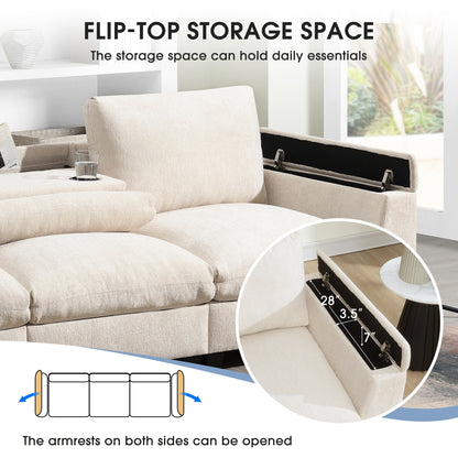 Roomfitters 96'' x 35'' Chenille Sectional Sofa with Bluetooth Speaker, Comfy Cloud Couch Set with Drop-Down Table, USB Charger