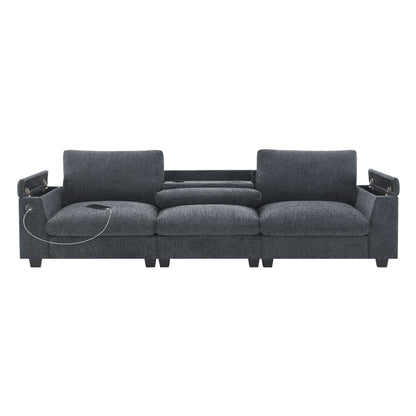 Roomfitters 96'' x 35'' Chenille Sectional Sofa with Bluetooth Speaker, Comfy Cloud Couch Set with Drop-Down Table, USB Charger