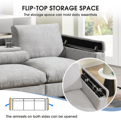 Roomfitters 96'' x 35'' Chenille Sectional Sofa with Bluetooth Speaker, Comfy Cloud Couch Set with Drop-Down Table, USB Charger