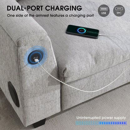 Roomfitters 96'' x 35'' Chenille Sectional Sofa with Bluetooth Speaker, Comfy Cloud Couch Set with Drop-Down Table, USB Charger