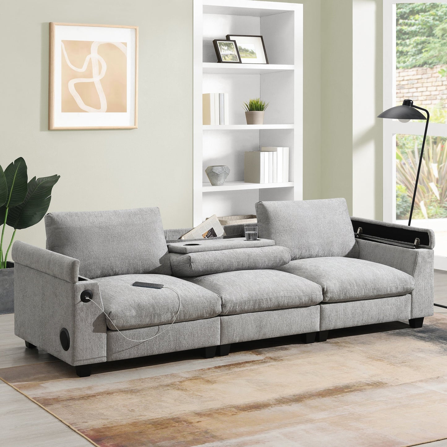 Roomfitters 96'' x 35'' Chenille Sectional Sofa with Bluetooth Speaker, Comfy Cloud Couch Set with Drop-Down Table, USB Charger