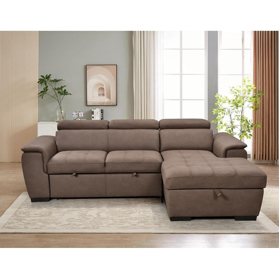 Roomfitters 97 Convertible Sectional Sofa with Storage Chaise, Adjustable Headrests, Contemporary L-Shaped Sleeper Sofa