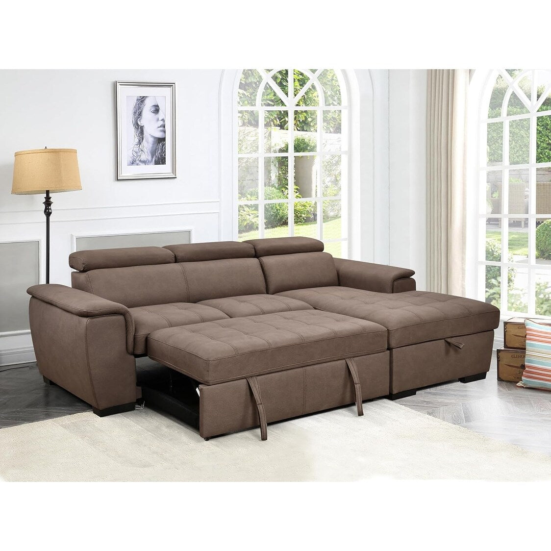 Roomfitters 97 Convertible Sectional Sofa with Storage Chaise, Adjustable Headrests, Contemporary L-Shaped Sleeper Sofa