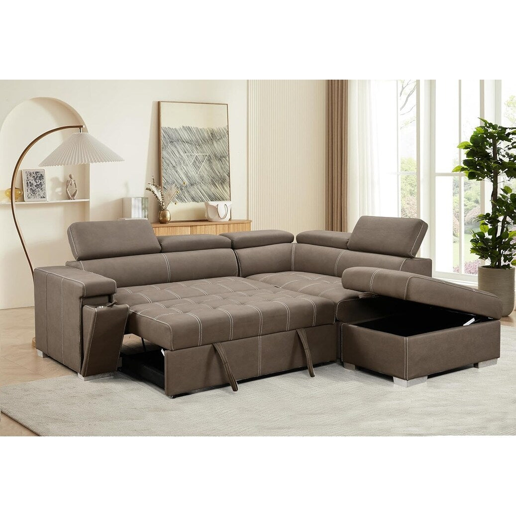 Roomfitters 99.5 Modern 2 in 1 Convertible Sofa Bed with Pull-Out Bed & Chaise Lounge, Adjustable Headrest