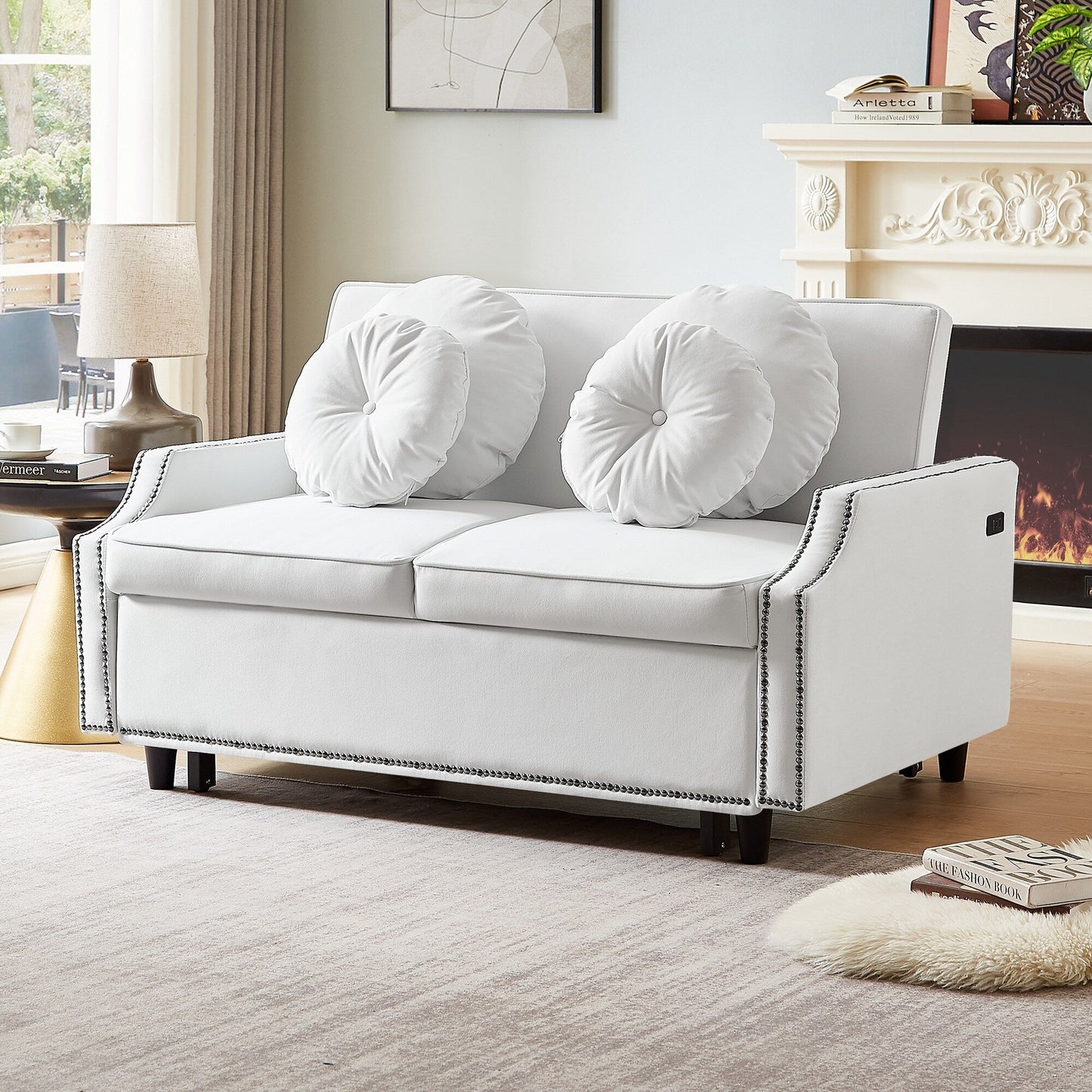 Roomfitters Adjustable Sofa Bed with Button Tufted Backrest, USB Ports, and Floral Lumbar Pillows, Perfect for Living Room