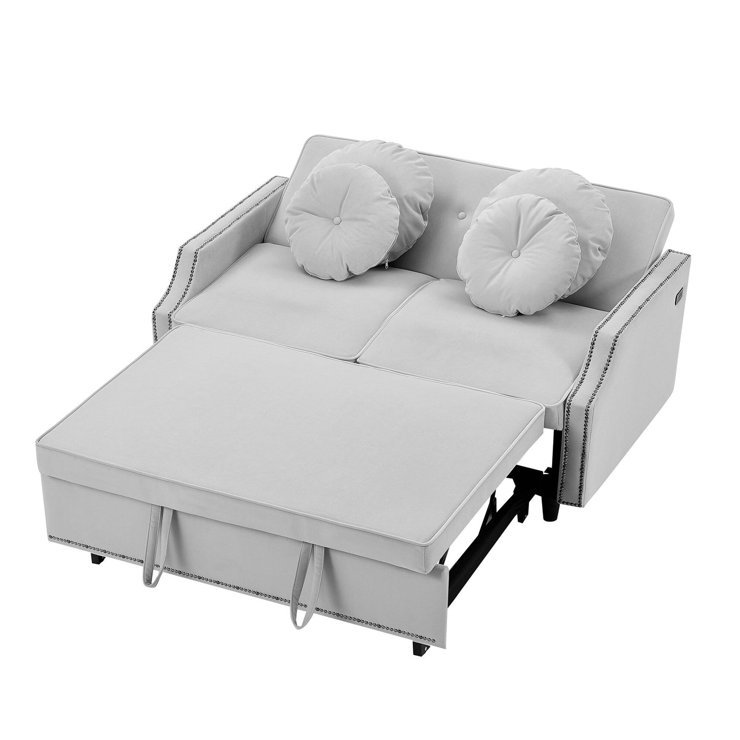 Roomfitters Adjustable Sofa Bed with Button Tufted Backrest, USB Ports, and Floral Lumbar Pillows, Perfect for Living Room