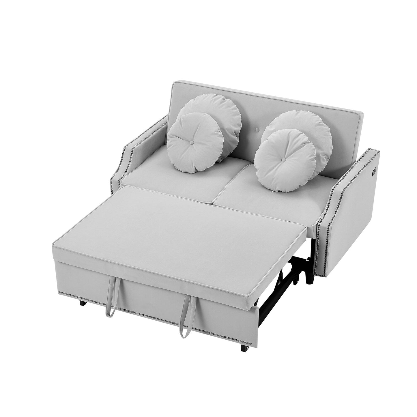 Roomfitters Adjustable Sofa Bed with Button Tufted Backrest, USB Ports, and Floral Lumbar Pillows, Perfect for Living Room