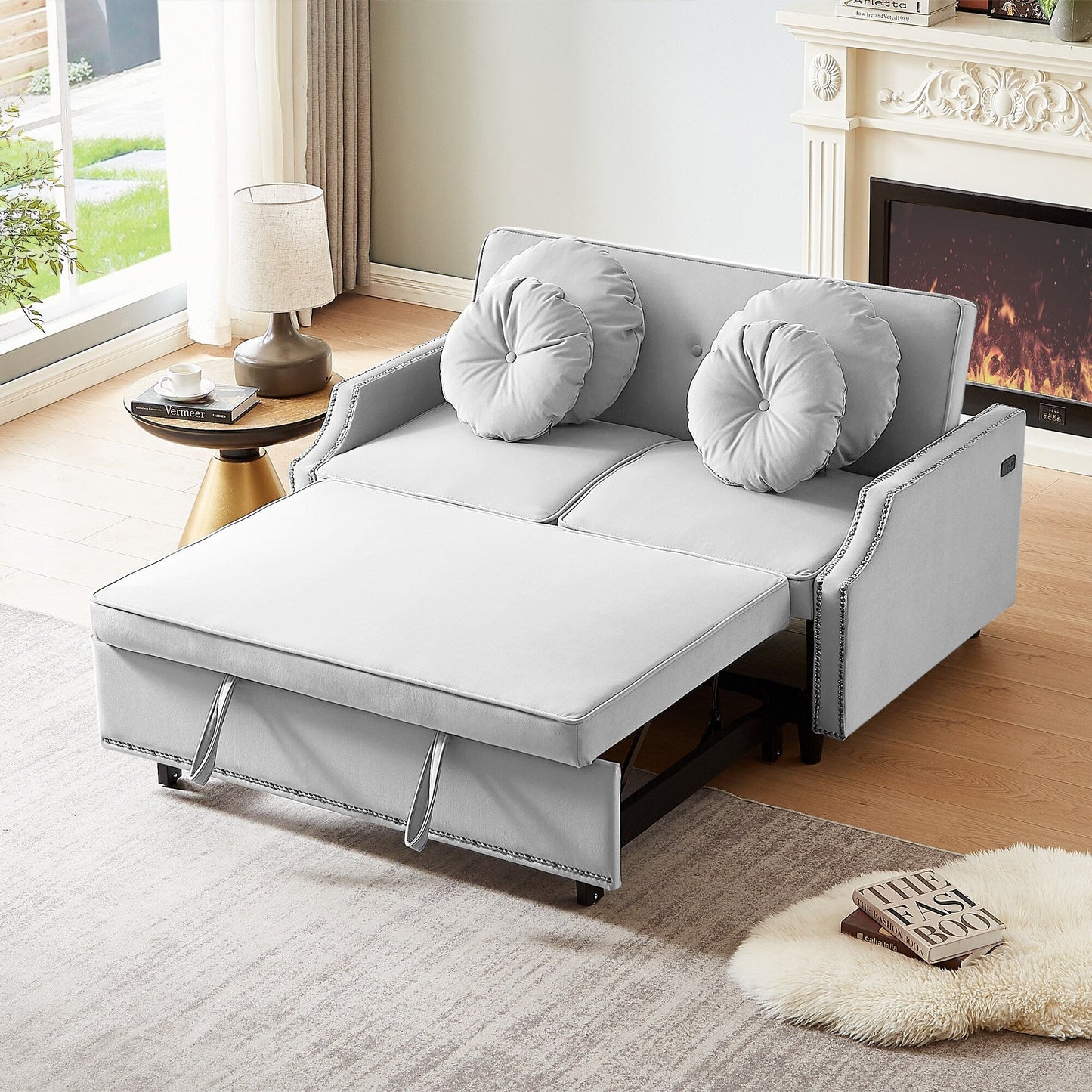 Roomfitters Adjustable Sofa Bed with Button Tufted Backrest, USB Ports, and Floral Lumbar Pillows, Perfect for Living Room