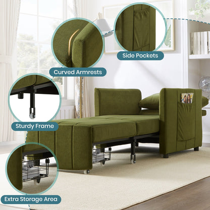 Roomfitters Convertible Sleeper Sofa with Pull-Out Bed 5-Position Adjustable Backrest Side Pockets & Storage Basket