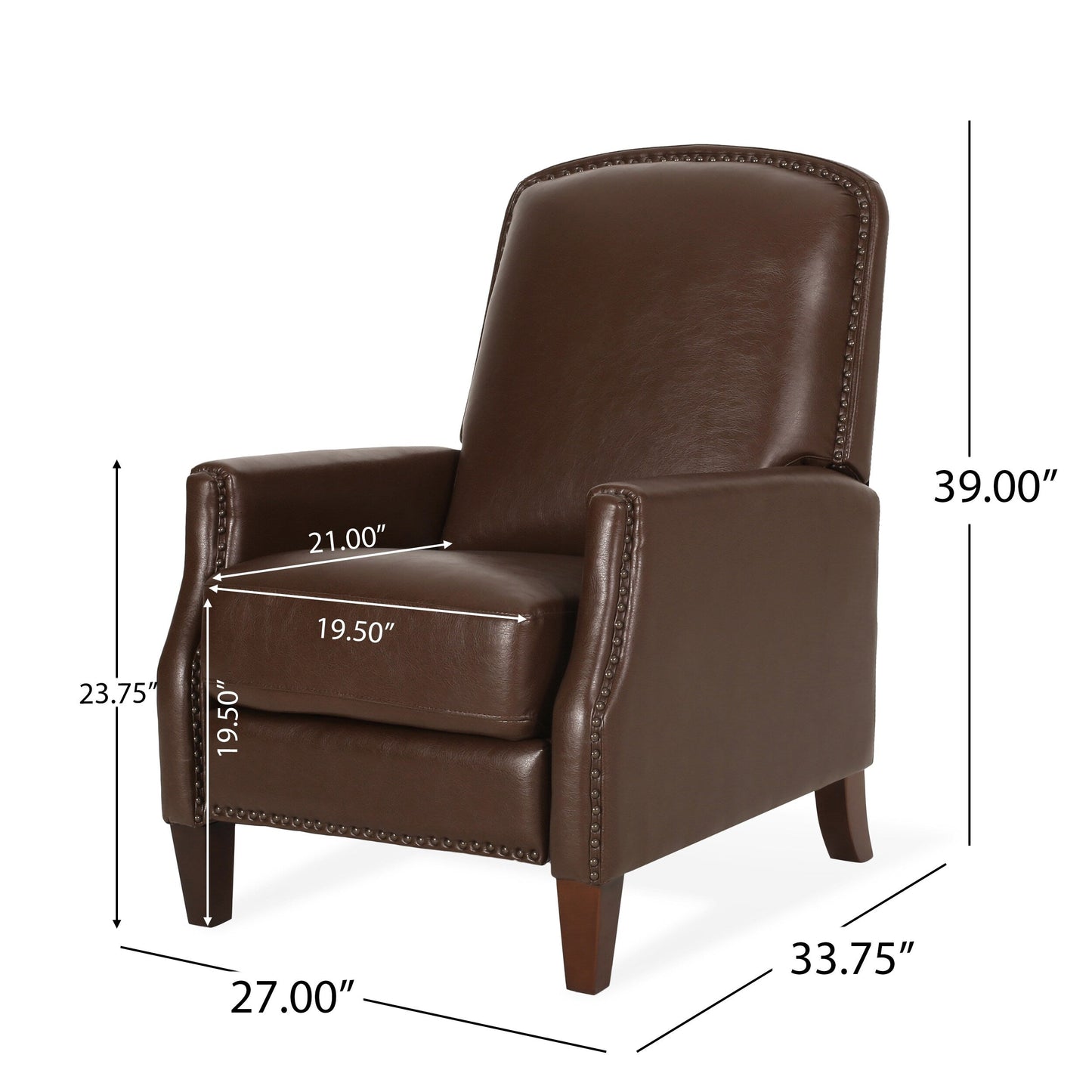 Roomfitters Dark Brown PU Leather Recliner Chair with Rivets, Comfortable Recliner for Living Room