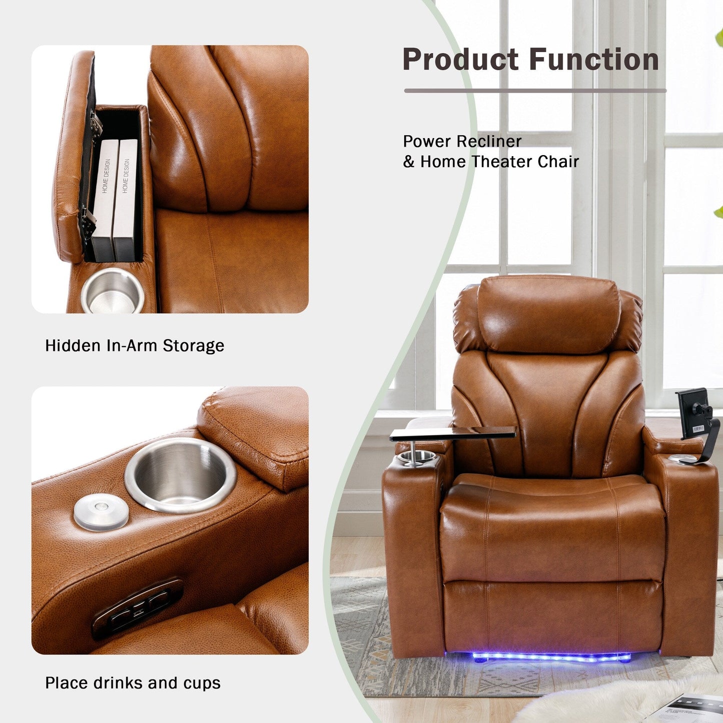 Roomfitters Electric Power Motion Recliner with USB Port, Hidden Arm Storage, Cup Holder, and Bluetooth Speaker