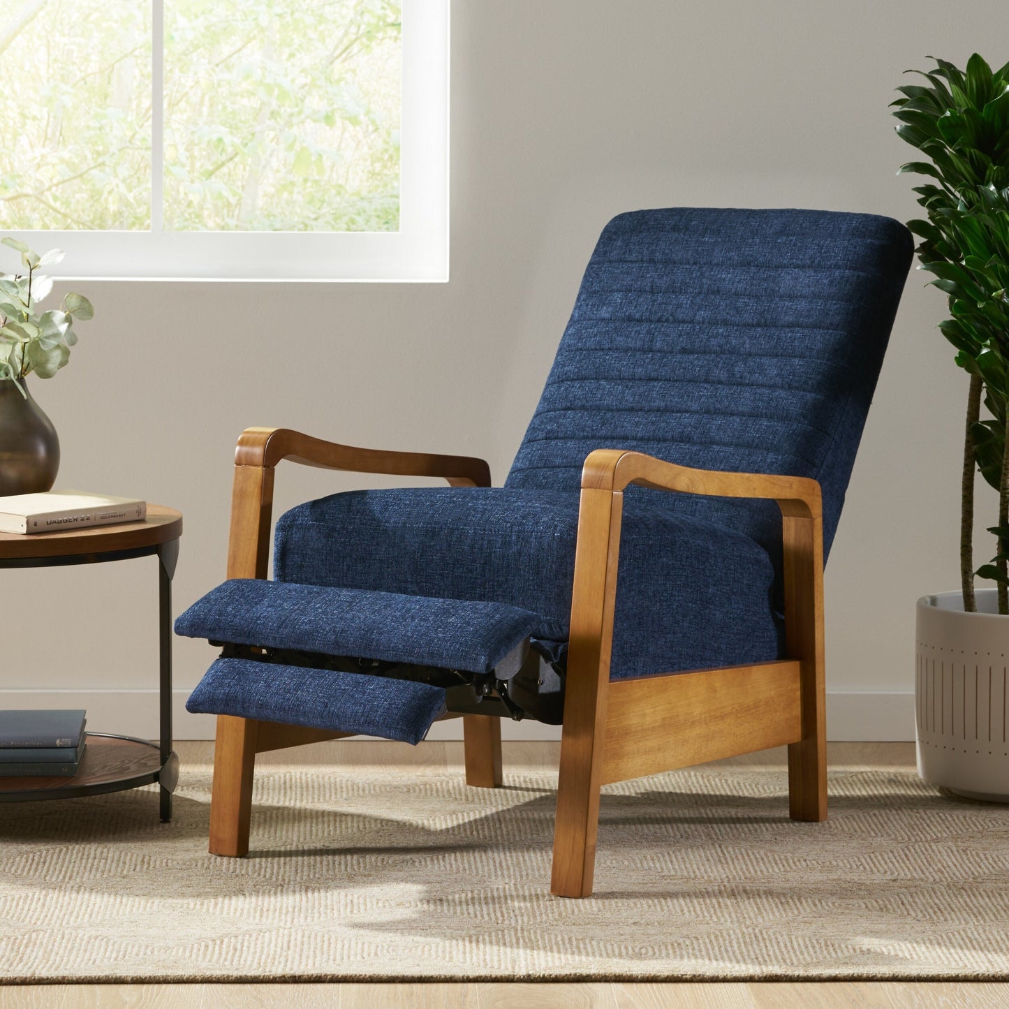 Roomfitters Fabric Wood Hand Manual Club Recliner, Comfortable Recliner for Living Room, Navy Blue