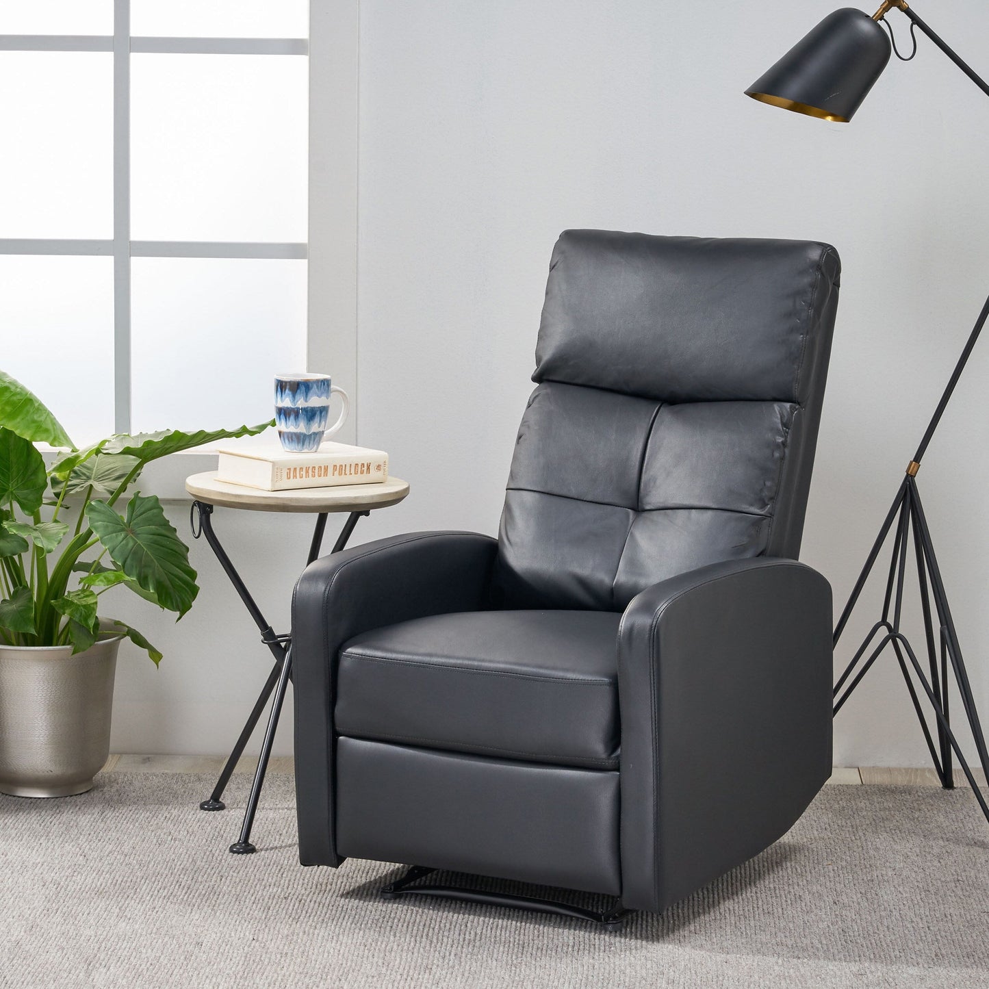 Roomfitters Faux Leather Manual Standard Recliner with Smooth Reclining Mechanism, Comfortable Cushions, Classic Design, Black