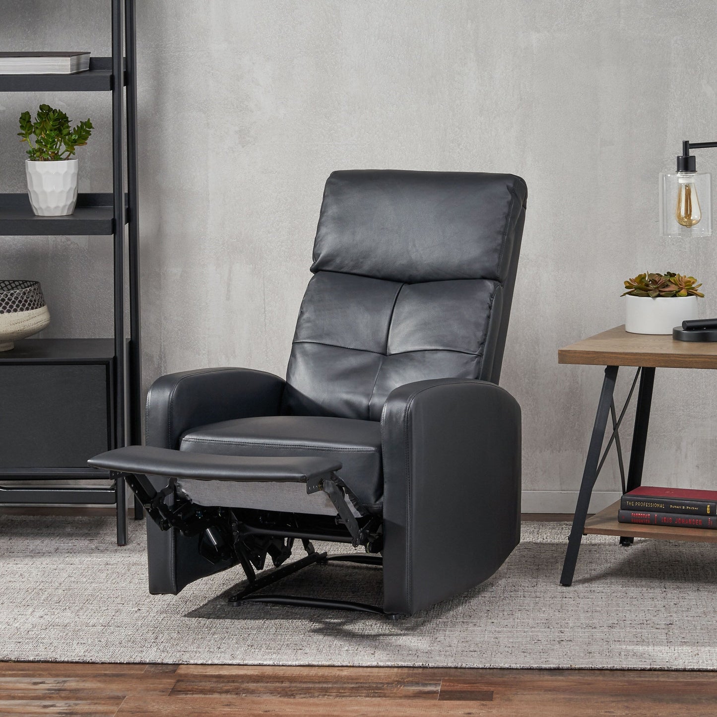 Roomfitters Faux Leather Manual Standard Recliner with Smooth Reclining Mechanism, Comfortable Cushions, Classic Design, Black