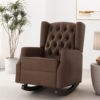 Roomfitters Faux Leather Rocking Chair with Button Tufting and Wingback Design, Upholstered Accent Nursery Chair
