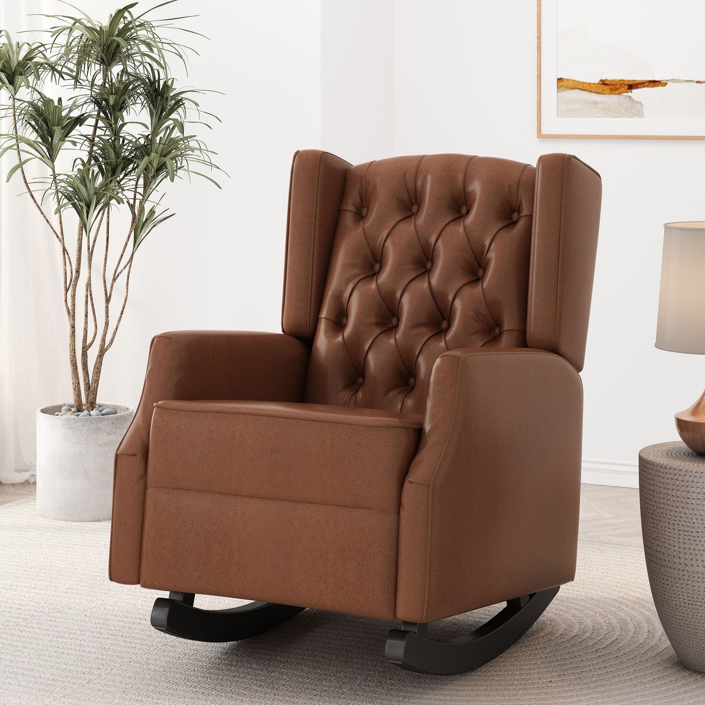 Roomfitters Faux Leather Rocking Chair with Button Tufting and Wingback Design, Upholstered Accent Nursery Chair