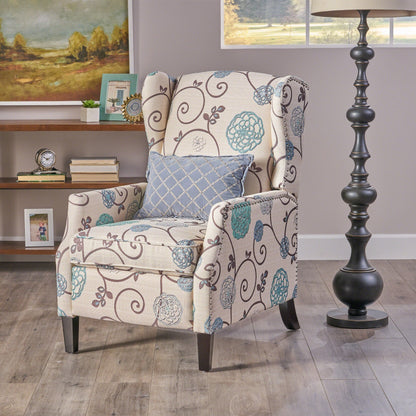 Roomfitters Floral Push-Back Recliner Chair with Wingback Design, Tapered Wood Legs