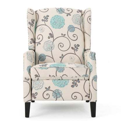 Roomfitters Floral Push-Back Recliner Chair with Wingback Design, Tapered Wood Legs