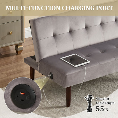Roomfitters Foldable Flannel Sofa Bed, Adjustable Recliner Futon with Charging Port for Living Room, Bedroom or Office