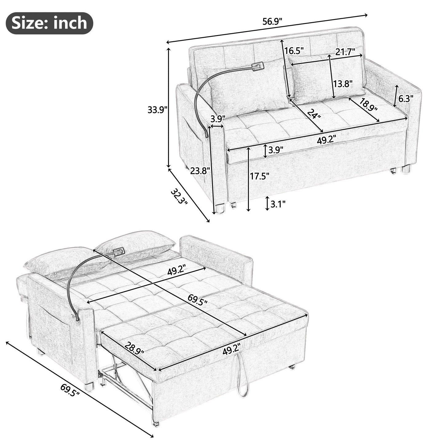 Roomfitters Loveseat Pull-Out Sofa Bed with Reversible Backrest Cushion, Side Pockets, USB Ports, and Phone Holder